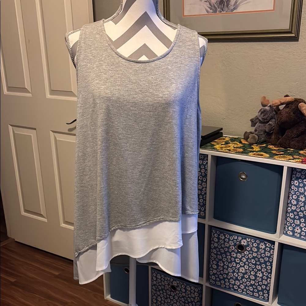 INC International Concepts Gray and White Asymmetrical Tank Top